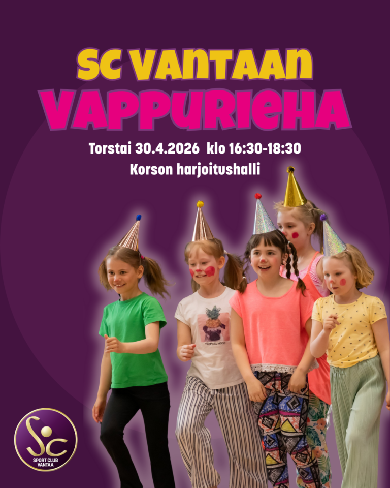 SC vantaa järjestää maksuttoman vappuriehan 30.4. klo 16.30-18.30 Korson harjoitushallilla. Kuvassa on iloisia lapsia vappuhatut päässä.
